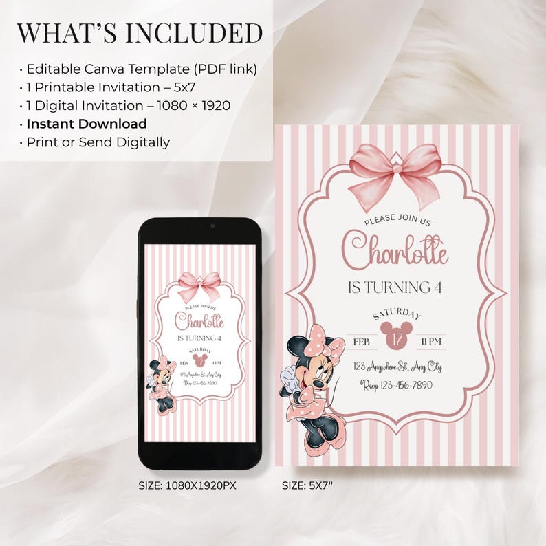 Minnie Mouse birthday invitation, pink white stripe bow, kids birthday Disney invite image 3
