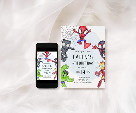 Editable 4th birthday invitation, Superhero invite: Spidey, Hulk, Iron Man (Canva template)