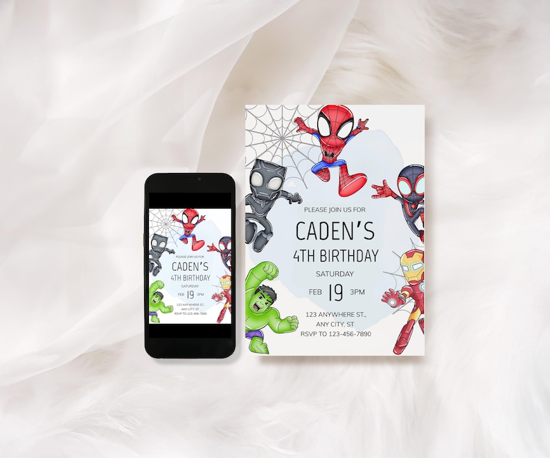 May include: A birthday invitation featuring superhero illustrations, including Spider-Man, Black Panther, Hulk, and Iron Man. The invitation on the right displays the text "Caden's 4th Birthday" with the date and time. A smartphone on the left shows the same design.