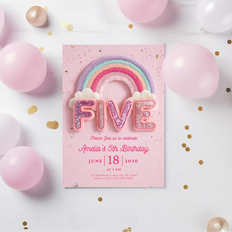 5th birthday invitation, A pink birthday invitation with a rainbow and the word "FIVE" in glitter.