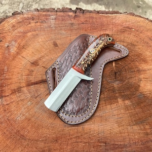 Custom Handmade Cowboy Bull Cutter Knife With Leather Sheath , Gift For Him , Gift For Dad
