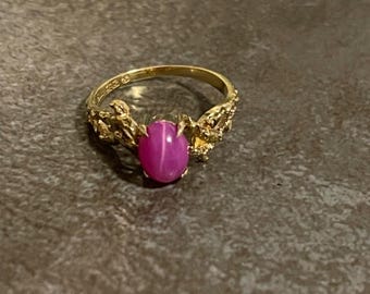 Anillo solitario de rubí estrella vintage – Oro amarillo de 14k, piedra preciosa cabujón