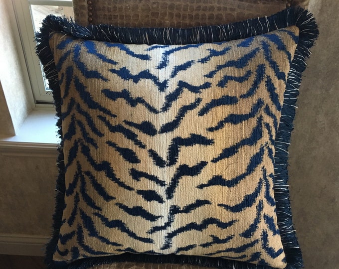 Blue and Caramel Tiger Print 20 in. Square Pillow with Brush Fringe| Custom Handmade Design