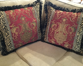 Red Damask and Leopard Print Pillow | Decorative Festive Pillow | Custom Handmade Design