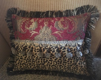 Red and Leopard Lumbar Pillow | Leopard Print and Red Damask | Custom Handmade Design