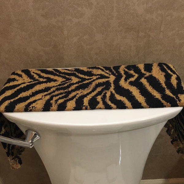 Tiger Toilet Tank Runner in Black and Gold Chenille Fabric