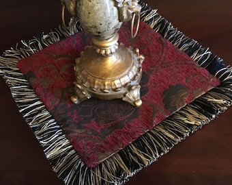 Red Damask Lamp Mat | Red and Gold Table Topper | Custom Handmade Design