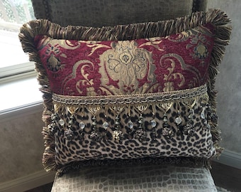 Red Damask and Brown/Gold Leopard Lumbar Pillow, | Custom Handmade Design