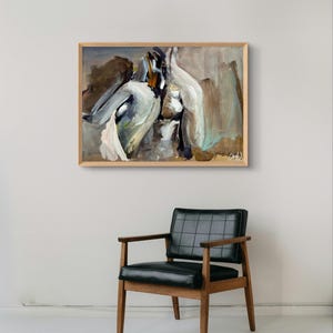 May include: Abstract painting in a wooden frame. The artwork features a blend of white, gray, and brown brushstrokes. Below the painting is a mid-century modern chair with a black leather seat and wooden frame.