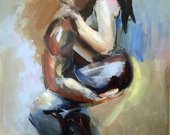 Peut inclure: Peinture à l'huile abstraite représentant deux figures enlacées. L'œuvre utilise une palette de tons sourds, notamment des bruns, des bleus et des roses, avec des coups de pinceau visibles créant texture et profondeur. Les figures sont rendues dans un style semi-réaliste.