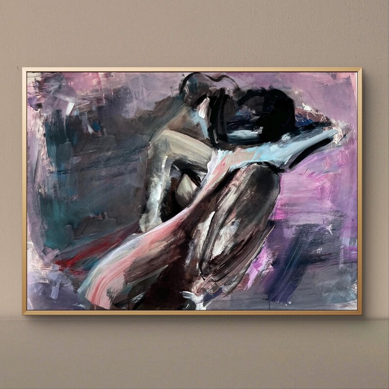 May include: Abstract painting in a gold frame. The artwork depicts figures in shades of black, grey, pink, and purple. Visible brushstrokes create a textured effect. The painting evokes a sense of intimacy and emotion.