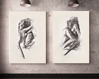 Set di disegni di coppia con disegno a carboncino sensuale, amanti che si abbracciano, schizzi per la camera da letto