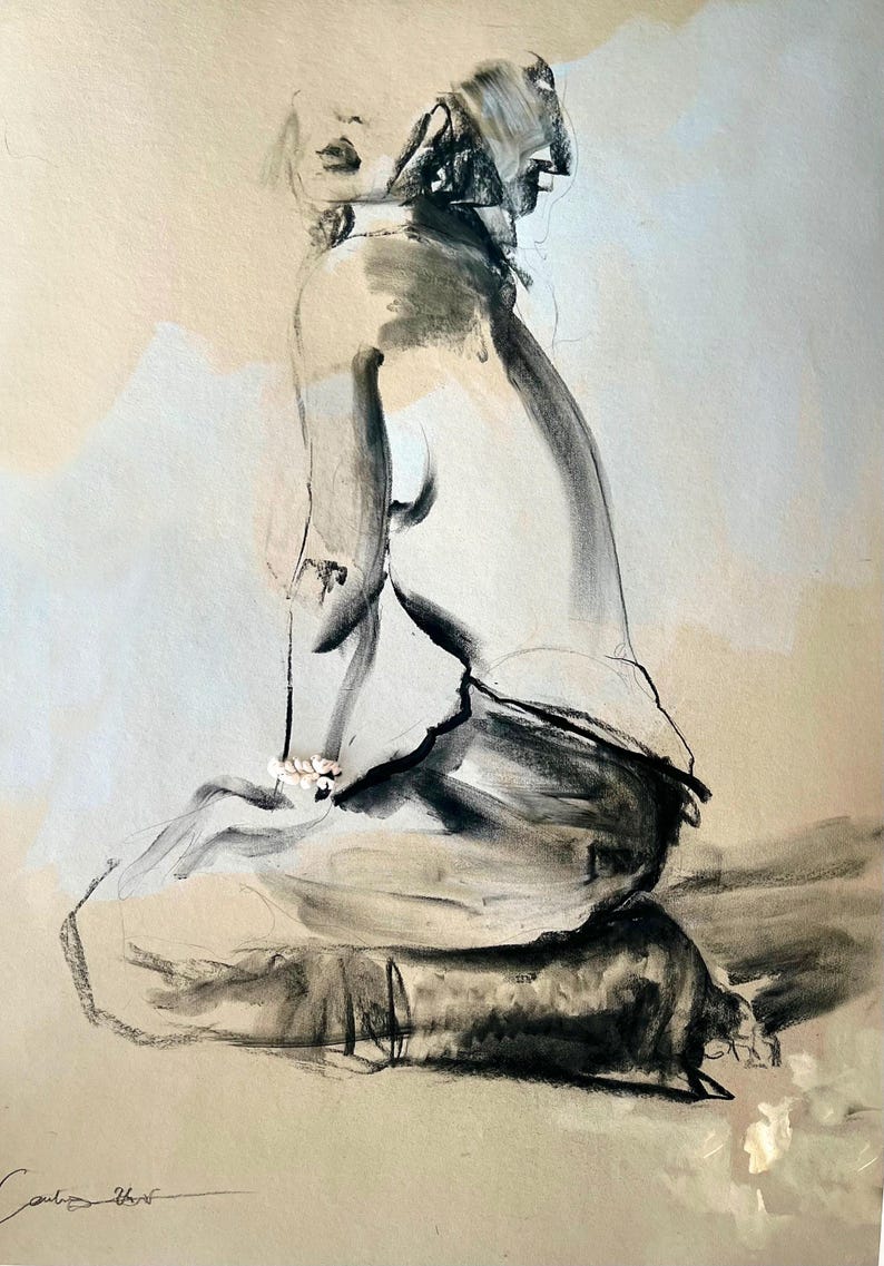 May include: A charcoal and pastel drawing of a seated figure. The artwork features a nude figure in a seated position, rendered in shades of black, white, and beige. The style is expressive, with visible brushstrokes and a focus on form and shadow.