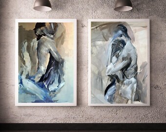 Set Of Two Lovers Art Prints Couple Bedroom Art Large Format Sensual Painting Louka Gallery
