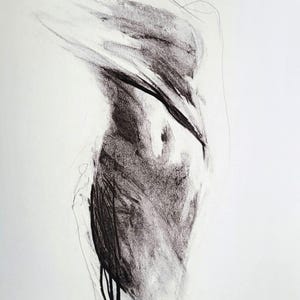 May include: A charcoal drawing on white paper featuring a dark, abstract figure with blurred edges and expressive, gestural strokes. The composition uses varying shades of black and gray to create depth, with a signature visible in the bottom right corner.