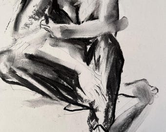 Disegno originale a carboncino: Donna romantica, 32 x 49 cm