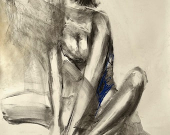 Original Woman Drawing In Charcoal Abstract Woman Art Cobalt Blue Sketch Louka Gallery
