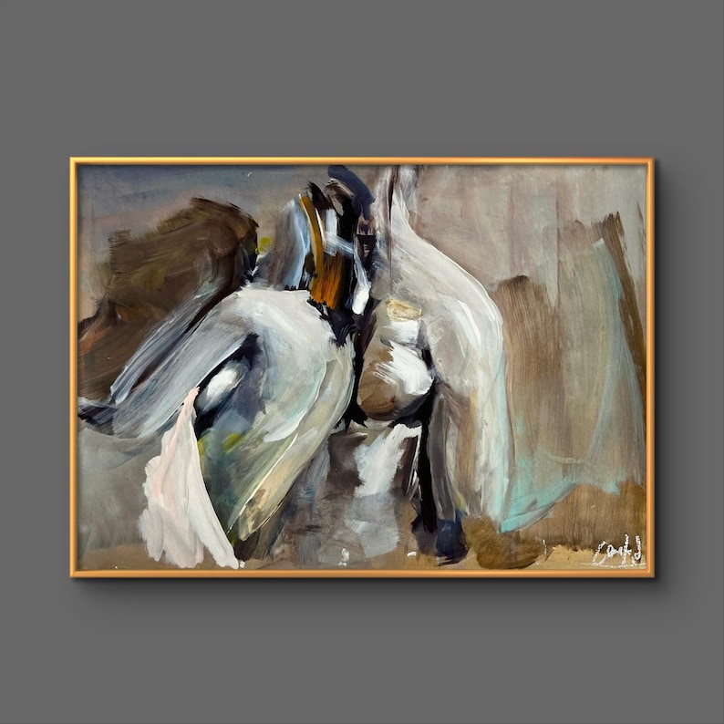 May include: Abstract painting in a gold frame. The artwork features brushstrokes of white, brown, and blue. The painting has a textured appearance, with visible layers of paint. The overall theme is artistic and decorative.