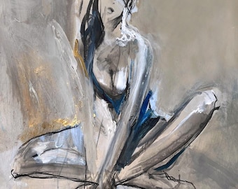 Pintura original de mujer sobre papel, abstracta, romántica, boceto, 70 x 80 cm, Louka Gallery