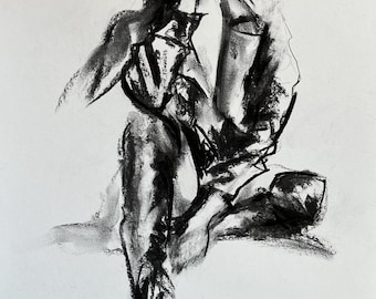 Original Charcoal Drawing: Romantic Woman  Art, 34x52