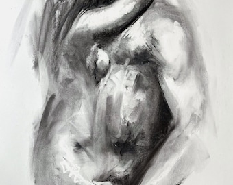 Dibujo original a carboncillo de una pareja de enamorados en blanco y negro. Boceto artístico de 100 x 70 cm.