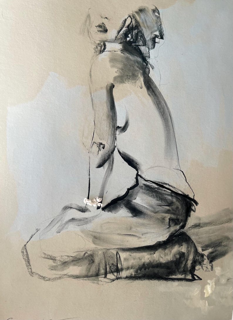 May include: A charcoal sketch of a seated figure, rendered in shades of gray and black. The artwork features a minimalist style with soft shading and highlights, creating a sense of depth and form. The figure is adorned with a delicate necklace.