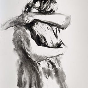 May include: A charcoal drawing of two figures embracing. The artwork, rendered in shades of gray, depicts a close embrace, with arms wrapped around each other. The style is expressive, with visible brushstrokes and a focus on form and emotion.