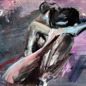 May include: Abstract artwork in shades of purple, grey, and hints of pink and blue. The painting features two figures rendered with expressive brushstrokes, conveying movement and emotion. The style is gestural, with a focus on the interplay of colour and form.