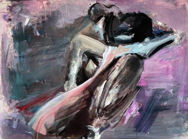 May include: Abstract artwork in shades of purple, grey, and hints of pink and blue. The painting features two figures rendered with expressive brushstrokes, conveying movement and emotion. The style is gestural, with a focus on the interplay of colour and form.