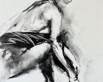 Dibujo original a carboncillo: Mujer romántica, 32 x 49 cm