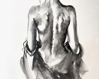 Original Charcoal Woman Drawing Romantic Female Figure Sketch 70x100cm Louka Gallery