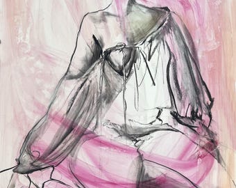 Original Woman  Painting Pink And Gray Wall Art Romantic Female Sketch 100x70cm