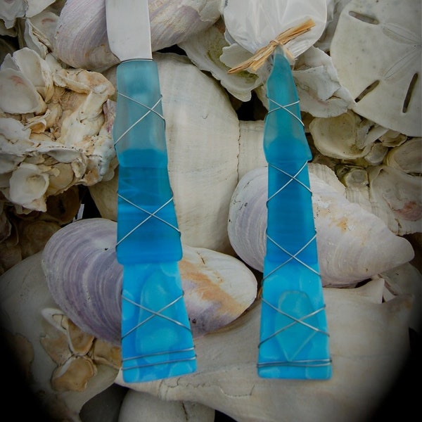 Sea Glass Wedding Cake Knife & Server made with Recycled Bottle "Tumbled Island Glass" in Turquoise Mottled Glass.