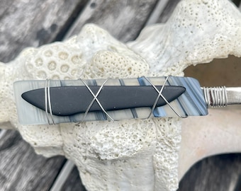 Sea Glass Letter Opener made with Recycled Bottle "Tumbled Island Glass"  in Black & White Stripes.