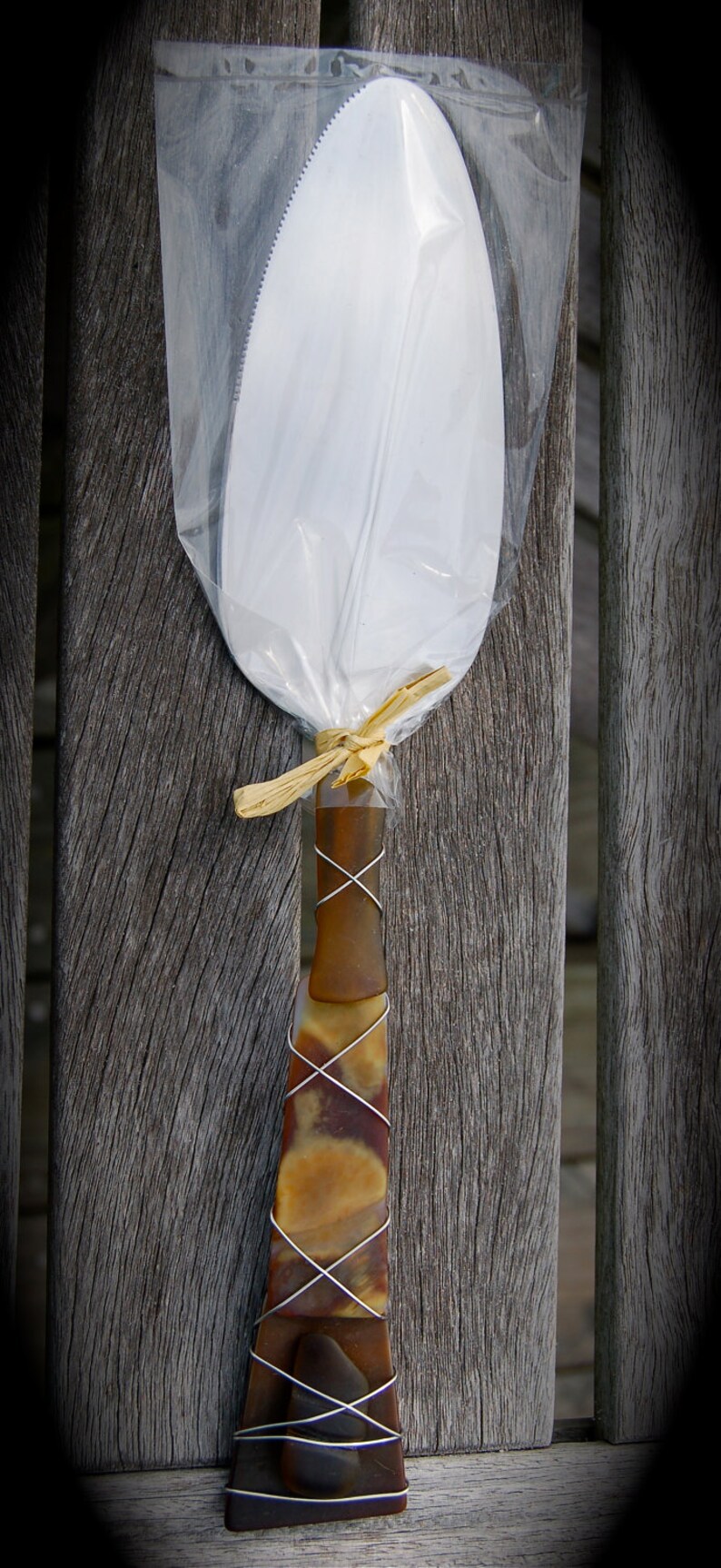 Sea Glass Wedding Cake Server made with Recycled Bottle Tumbled Island Glass in Amber Tortoise Shell Dishwasher Safe Stainless