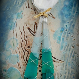 Sea Glass Salad Server made with Recycled Bottle "Tumbled Island Glass"  in Sea Foam Green & Teal. Dishwasher safe