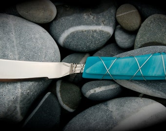 Sea Glass Cheese Knife made with Recycled Bottle "Tumbled Island Glass"  in Sea Foam Teal. Dishwasher safe Stainless Steel