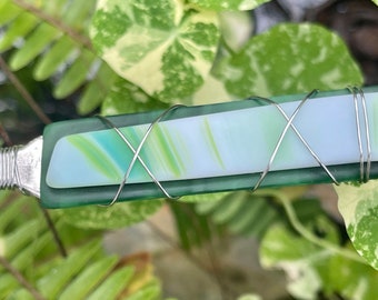 Sea Glass Letter Opener made with Recycled Bottle "Tumbled Island Glass"  in Green Stripes. Stainless Steel.