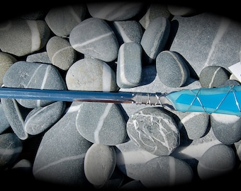 Sea Glass Letter Opener made with Recycled Bottle "Tumbled Island Glass"  in Turquoise. Stainless Steel.
