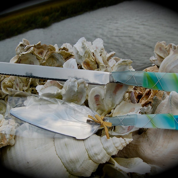 Sea Glass Wedding Cake Knife & Server made with Recycled Bottle "Tumbled Island Glass"  in Lime Green and Turquoise. Dishwasher safe