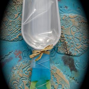 Sea Glass Ice Scoop made with Recycled Bottle &quot;Tumbled Island Glass&quot;  in Caribbean (Turquoise & Lime Green). Dishwasher Safe. Stainless