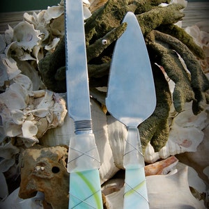 Sea Glass Wedding Cake Knife & Server made with Recycled Bottle &quot;Tumbled Island Glass&quot; in Teal with Turquoise and Lime Stripes.