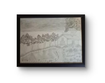 Paisaje dibujado a mano con lápiz - Obra de arte enmarcada hecha a mano tamaño A3