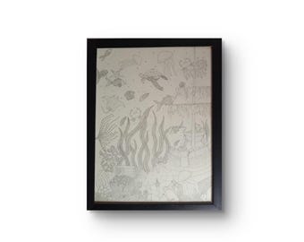 Boceto submarino a lápiz - Obra de arte enmarcada hecha a mano, tamaño A3