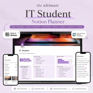 May include: A digital planner interface for IT students, displayed on a laptop and two smartphones. The interface is in shades of purple and white, with the text "IT Student Notion Planner" at the top. The planner includes task trackers, calendars, and note sections.