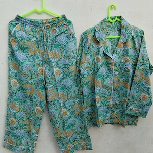 Floral Block Print Cotton Pajama Set, Night suit, bold sleepwear longewear