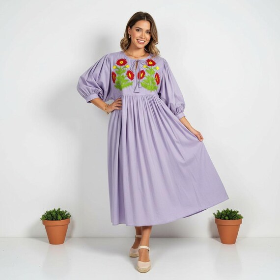 embroidered cotton dress with puff sleeves Hand Midi Dress, Boho Peasant Sleeve Outfit Best-Dressed Guest: Spring 2024 or pair with strappy NewOn:2024-02-16T17:55:17Z Size:Medium (94-104cm) / Short Cotton midi