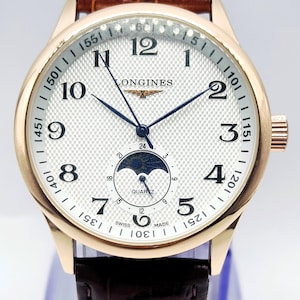 Vintage Longines Moon Face White Dial Quartz Japan Analog Men&#39;s Wrist Watch Free Shipping