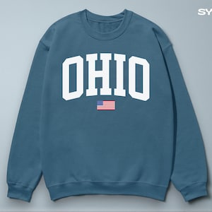 Può includere: Una felpa girocollo color teal con la scritta "OHIO" a grandi lettere bianche sul petto. Sotto la parola "OHIO" c'è una piccola bandiera americana. Il marchio "SYLVANIA WEAR" è in testo bianco nell'angolo in alto a destra.