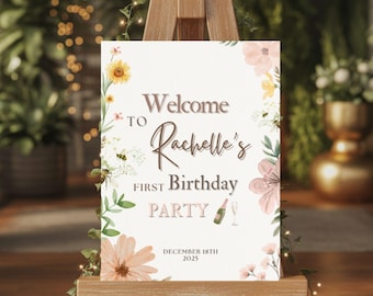Letrero de bienvenida con flores silvestres imprimible, plantilla editable para póster de bienvenida para fiesta de jardín de primer cumpleaños, decoración con flores rosas, descarga SG76
